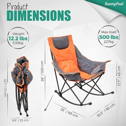 SUNNYFEEL Oversized Heated Rocking Camping Chair, Fully Padded Patio Chair with Side Pocket, High Back Portable Lawn Recliner with Carry Bag, Outdoor Rocker Camp Chair for Adults Heavy Duty 500 LBS in Saudi Arabia