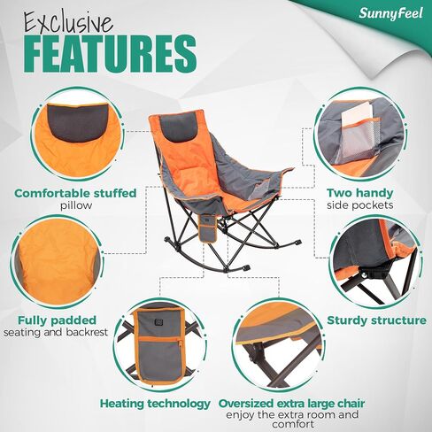 SUNNYFEEL Oversized Heated Rocking Camping Chair, Fully Padded Patio Chair with Side Pocket, High Back Portable Lawn Recliner with Carry Bag, Outdoor Rocker Camp Chair for Adults Heavy Duty 500 LBS in Saudi Arabia
