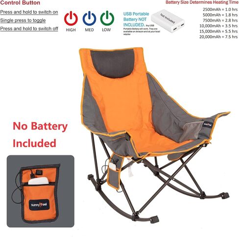 SUNNYFEEL Oversized Heated Rocking Camping Chair, Fully Padded Patio Chair with Side Pocket, High Back Portable Lawn Recliner with Carry Bag, Outdoor Rocker Camp Chair for Adults Heavy Duty 500 LBS in Saudi Arabia
