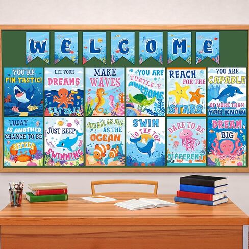 gisgfim 19Pcs Under the Sea Posters for Classroom Ocean Welcome to School Bulletin Board Decoration Motivational Ocean Animal Positive Poster for Submarine Welcome Sign Inspirational Supplies in Saudi Arabia