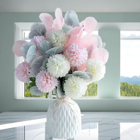 Artificial Flowers with Vase, Silk Dandelions In Vase Arrangement, Fake Plant Flowers Kitchen Dining Coffee Table Decor, Flower Centerpieces for Home Office Farmhouse Bathroom Wedding Decorations in Saudi Arabia