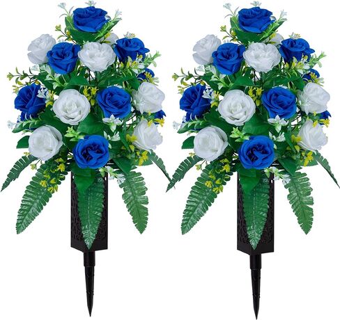 2 Sets Artificial Cemetery Flowers， Outdoor Grave Decorations Roses，Accompanied by 2 Long Nail Vases。Lasting and Non-Bleed Colors. (18 Heads (Dark Blue+White)) in Saudi Arabia