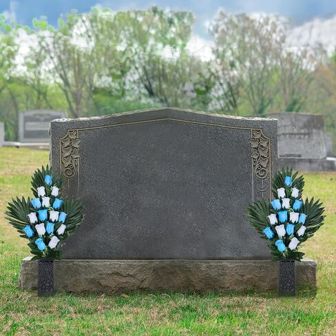 2 Sets Artificial Cemetery Flowers， Outdoor Grave Decorations Roses，Accompanied by 2 Long Nail Vases。Lasting and Non-Bleed Colors. (18 Heads (Dark Blue+White)) in Saudi Arabia