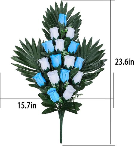 2 Sets Artificial Cemetery Flowers， Outdoor Grave Decorations Roses，Accompanied by 2 Long Nail Vases。Lasting and Non-Bleed Colors. (18 Heads (Dark Blue+White)) in Saudi Arabia