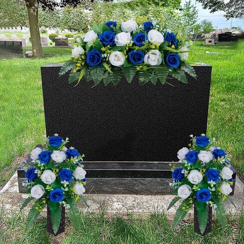 2 Sets Artificial Cemetery Flowers， Outdoor Grave Decorations Roses，Accompanied by 2 Long Nail Vases。Lasting and Non-Bleed Colors. (18 Heads (Dark Blue+White)) in Saudi Arabia