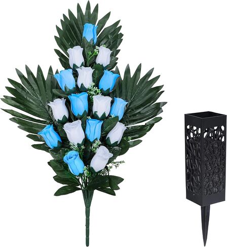 2 Sets Artificial Cemetery Flowers， Outdoor Grave Decorations Roses，Accompanied by 2 Long Nail Vases。Lasting and Non-Bleed Colors. (18 Heads (Dark Blue+White)) in Saudi Arabia