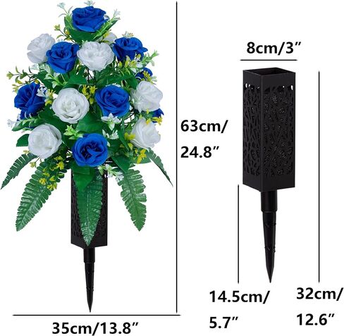 2 Sets Artificial Cemetery Flowers， Outdoor Grave Decorations Roses，Accompanied by 2 Long Nail Vases。Lasting and Non-Bleed Colors. (18 Heads (Dark Blue+White)) in Saudi Arabia