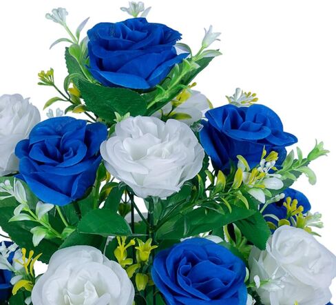 2 Sets Artificial Cemetery Flowers， Outdoor Grave Decorations Roses，Accompanied by 2 Long Nail Vases。Lasting and Non-Bleed Colors. (18 Heads (Dark Blue+White)) in Saudi Arabia