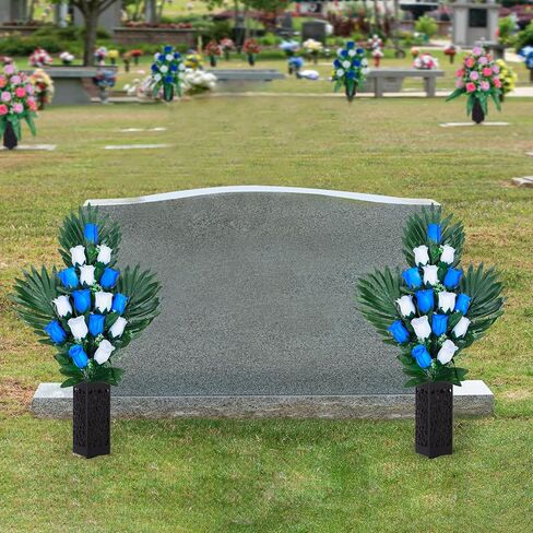 2 Sets Artificial Cemetery Flowers， Outdoor Grave Decorations Roses，Accompanied by 2 Long Nail Vases。Lasting and Non-Bleed Colors. (18 Heads (Dark Blue+White)) in Saudi Arabia