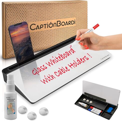 Deskboard Glass Whiteboard - 15-Inch Glass Dry Erase Board for Desk with Mobile & Tablet Stand, Office Supplies for Desktop with 3 Colored Markers, Spray Bottle, & Storage -Black & White in Saudi Arabia