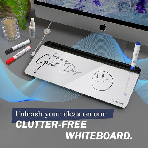 Deskboard Glass Whiteboard - 15-Inch Glass Dry Erase Board for Desk with Mobile & Tablet Stand, Office Supplies for Desktop with 3 Colored Markers, Spray Bottle, & Storage -Black & White in Saudi Arabia
