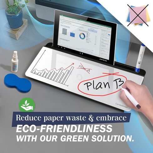 Deskboard Glass Whiteboard - 15-Inch Glass Dry Erase Board for Desk with Mobile & Tablet Stand, Office Supplies for Desktop with 3 Colored Markers, Spray Bottle, & Storage -Black & White in Saudi Arabia