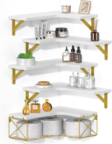 SALA Corner Shelves Wall Mounted, 5+1 Corner Shelf with Wire Storage Basket for Bathroom, Rustic Wood Corner Floating Shelves, R-Angle Corner Shelving for Bedroom/Living Room/Laundry Room, Kitchen in Saudi Arabia