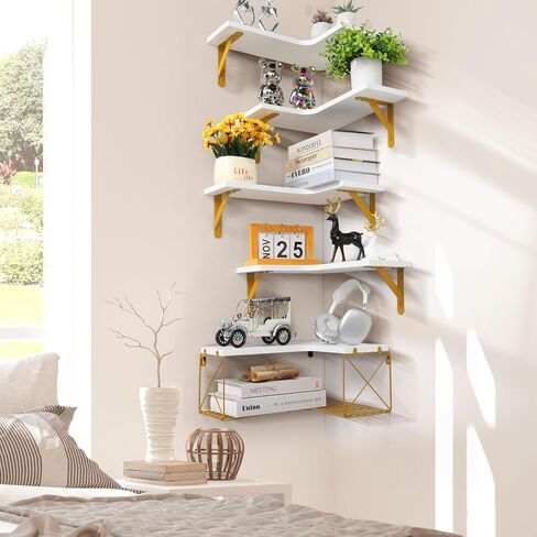 SALA Corner Shelves Wall Mounted, 5+1 Corner Shelf with Wire Storage Basket for Bathroom, Rustic Wood Corner Floating Shelves, R-Angle Corner Shelving for Bedroom/Living Room/Laundry Room, Kitchen in Saudi Arabia