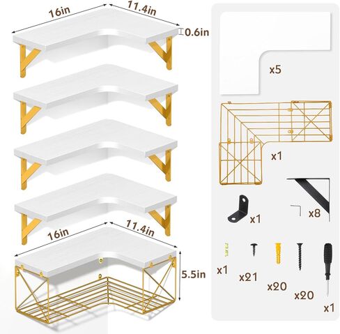 SALA Corner Shelves Wall Mounted, 5+1 Corner Shelf with Wire Storage Basket for Bathroom, Rustic Wood Corner Floating Shelves, R-Angle Corner Shelving for Bedroom/Living Room/Laundry Room, Kitchen in Saudi Arabia