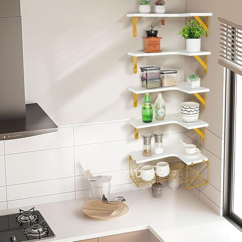 SALA Corner Shelves Wall Mounted, 5+1 Corner Shelf with Wire Storage Basket for Bathroom, Rustic Wood Corner Floating Shelves, R-Angle Corner Shelving for Bedroom/Living Room/Laundry Room, Kitchen in Saudi Arabia
