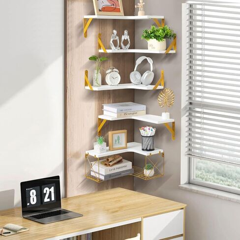 SALA Corner Shelves Wall Mounted, 5+1 Corner Shelf with Wire Storage Basket for Bathroom, Rustic Wood Corner Floating Shelves, R-Angle Corner Shelving for Bedroom/Living Room/Laundry Room, Kitchen in Saudi Arabia