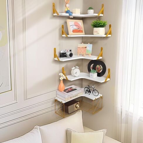 SALA Corner Shelves Wall Mounted, 5+1 Corner Shelf with Wire Storage Basket for Bathroom, Rustic Wood Corner Floating Shelves, R-Angle Corner Shelving for Bedroom/Living Room/Laundry Room, Kitchen in Saudi Arabia