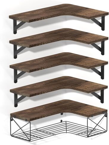 SALA Corner Shelves Wall Mounted, 5+1 Corner Shelf with Wire Storage Basket for Bathroom, Rustic Wood Corner Floating Shelves, R-Angle Corner Shelving for Bedroom/Living Room/Laundry Room, Kitchen in Saudi Arabia