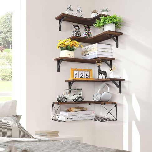 SALA Corner Shelves Wall Mounted, 5+1 Corner Shelf with Wire Storage Basket for Bathroom, Rustic Wood Corner Floating Shelves, R-Angle Corner Shelving for Bedroom/Living Room/Laundry Room, Kitchen in Saudi Arabia
