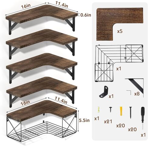 SALA Corner Shelves Wall Mounted, 5+1 Corner Shelf with Wire Storage Basket for Bathroom, Rustic Wood Corner Floating Shelves, R-Angle Corner Shelving for Bedroom/Living Room/Laundry Room, Kitchen in Saudi Arabia
