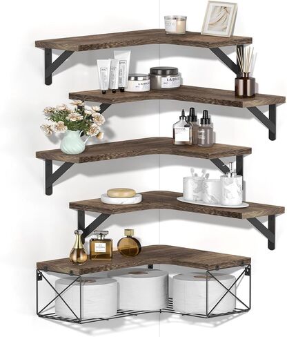 SALA Corner Shelves Wall Mounted, 5+1 Corner Shelf with Wire Storage Basket for Bathroom, Rustic Wood Corner Floating Shelves, R-Angle Corner Shelving for Bedroom/Living Room/Laundry Room, Kitchen in Saudi Arabia