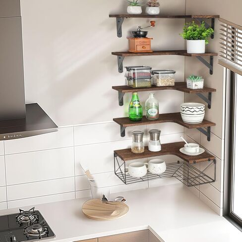 SALA Corner Shelves Wall Mounted, 5+1 Corner Shelf with Wire Storage Basket for Bathroom, Rustic Wood Corner Floating Shelves, R-Angle Corner Shelving for Bedroom/Living Room/Laundry Room, Kitchen in Saudi Arabia
