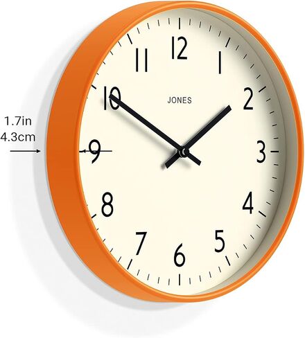 JONES CLOCKS® Studio Round Wall Clock - Round Clock - Modern Clock - Designer Clock - Kitchen Clock - Living Room Clock - Office Clock - Easy to Read Dial - Contemporary Design (Orange) in Saudi Arabia