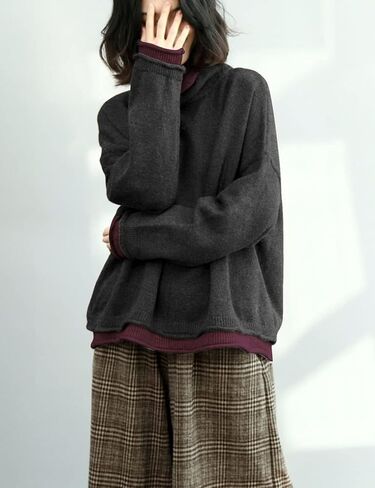 YESNO سترة نسائية ذات ياقة مدورة كبيرة الحجم كاجوال فضفاض مكون من قطعتين بلوفر منسوج YQ0 in Kuwait