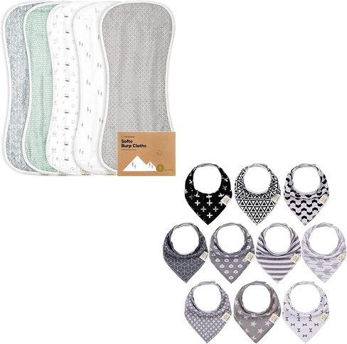 KeaBabies 5-Pack Organic Muslin Baby Burp Cloths and 10-Pack Baby Bandana Drool Bibs - White Burp Cloth - Organic Cotton Bandana Bibs for Boys, Girls, Baby Bibs - Burp Rag - Neutral Burp in Saudi Arabia