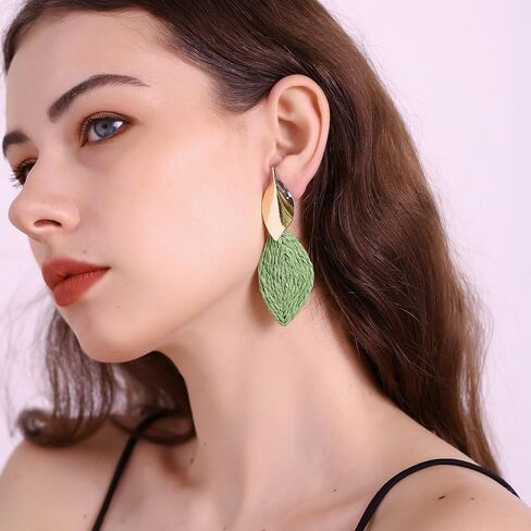Raffia Palm Leaf Earrings, Raffia Straw Wrapped Monstera Drop Dangle Earrings Summer Tropical Beach Jewelry in Kuwait