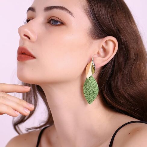 Raffia Palm Leaf Earrings, Raffia Straw Wrapped Monstera Drop Dangle Earrings Summer Tropical Beach Jewelry in Kuwait