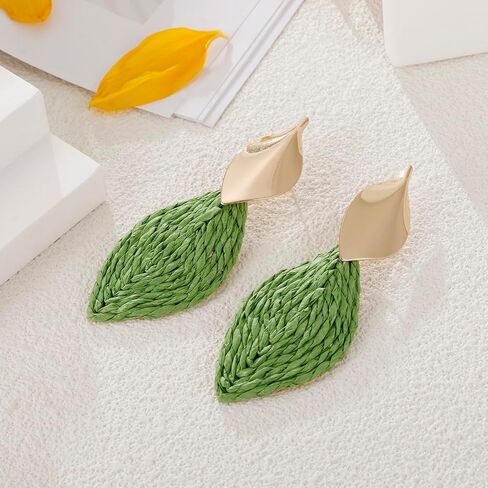 Raffia Palm Leaf Earrings, Raffia Straw Wrapped Monstera Drop Dangle Earrings Summer Tropical Beach Jewelry in Kuwait