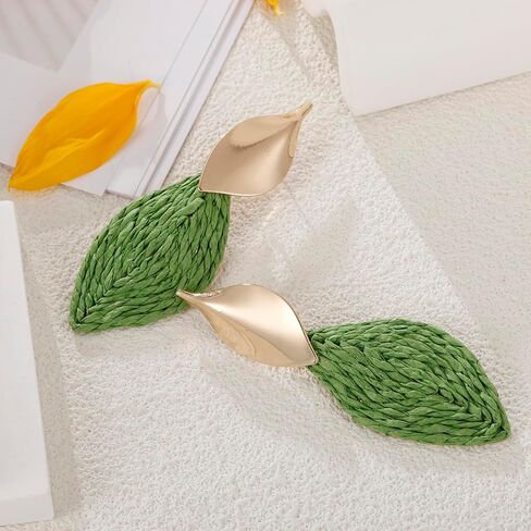 Raffia Palm Leaf Earrings, Raffia Straw Wrapped Monstera Drop Dangle Earrings Summer Tropical Beach Jewelry in Kuwait