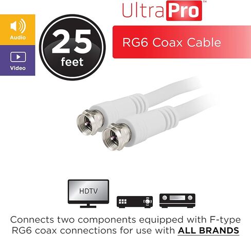 كابل محوري UltraPro RG6 بطول 25 قدم. أبيض، موصلات من النوع F، محور مزدوج الحماية، مخرج إدخال، مثالي لهوائي التلفزيون، الأقمار الصناعية، DVR VCR، صندوق الكابل، المسرح المنزلي، 52154 in Kuwait