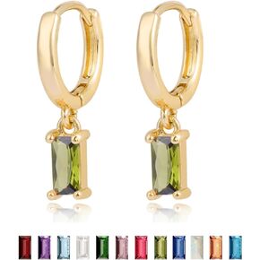 Dainty Birthstone Earrings for Women Girls - 18K Gold Plated Huggie Hoop Earring with Rectangular Gemstone Drop Dangle - Birthstone Jewelry Gifts for Wedding Birthday Everyday Wear