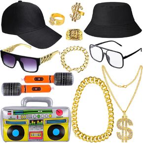 80s 90s Accessories Outfit for Men, Hip Hop Rapper Costume Kit, Faux Gold Rope Chain Bracelet Boom Box Dollar Sign Chain Ring Halloween Dance Party Decorations