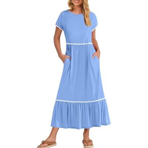 MEROKEETY Women's Summer Cap Sleeve Maxi Dresses Casual Crew Neck Flowy Tiered Beach Dress with Pockets