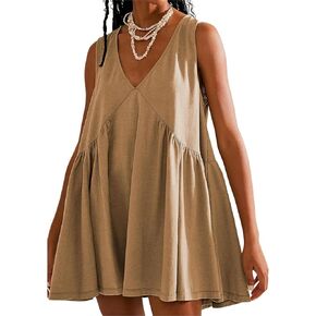 Women's V Neck Sleeveless Mini Dress Loose Summer Pleated Swing Flowy Sundress