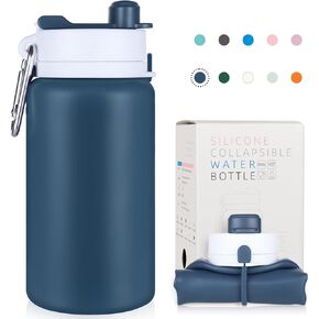 Collapsible Water Bottle, 19oz Foldable Water Bottle BPA Free Reusable Lightweight Leak-Proof Travel Silicone Water Bottle for Travel, Gym, Hiking, Office, Camping(Navy Blue)