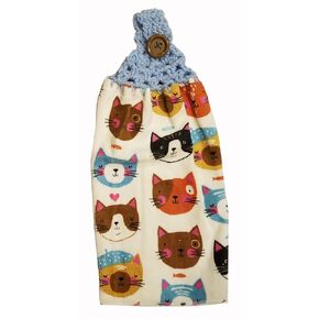 Handcrafted Lt Blue Crochet Topped Cat Faces Kitchen Towel
