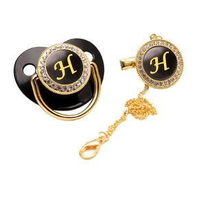 Bling Bling Baby Pacifier and Clips Black A-Z Letters Initials Personalized Baby Infant Newborn Pacifier Teething Soothie Toy for Infant 6-12 Months (K)
