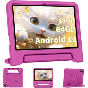 2024 Upgraded Kids Tablet, 10 Inch Android 13 Tablet for Kids with Case Included, 8000mAh Battery, with Google Kids Space, Parental Control, 10GB+64GB, WiFi6, YouTube, Great Gift for Children (Blue)