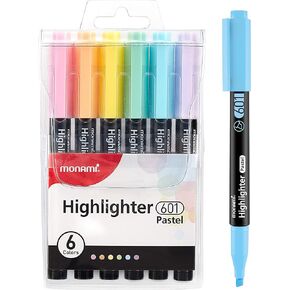 MONAMI Highlighter 601 Pastel, Chisel Tip (1~4mm), Fade-resistant, Pastel Ink Highlighters, Assorted Colors, 6-Pack