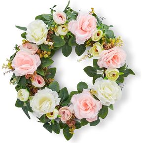 Adeeing Spring Wreaths for Front Door, 15.7" Artificial Rose Peony Flower Wreath Spring Summer Door Wreath with Silk Flowers and Green Leaves for Wall Window Wedding Party Home Decor (Pink)