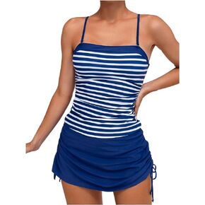 Floerns Women's Sleeveless Striped Print Bathing Suits Drawstring Ruched Tankini Sets