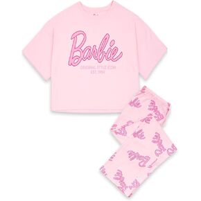 Barbie Womens Pyjama Set in Pink | Ladies Cropped Short Sleeve Graphic Tee & Long Leg Print Bottoms PJs | Classic Logo Style