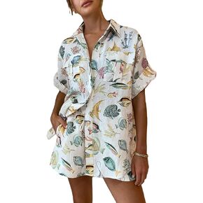 Women 2 Piece Pajamas Outfits Boho Print Short Sleeve Shirt Elastic Waist Shorts Casual Beach Vacation Loungewear