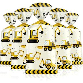 50 Pack Construction Party Favor Bags - Construction Theme Treat Bags, Truck Themed Cello Cellophane Gift Candy Goodie Bags with Gold Twist Ties for Kids Construction Birthday Party Supplies Favors