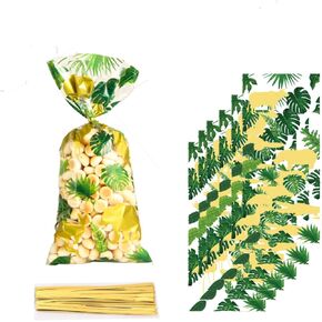 CSTYWC 50PCS Jungle Animal Cellophane Treat Bags Green Gold Safari Animal Palm Plastic Candy Goodie Bags with Twist Ties for Wild One Safari Baby Shower Birthday Party Favors